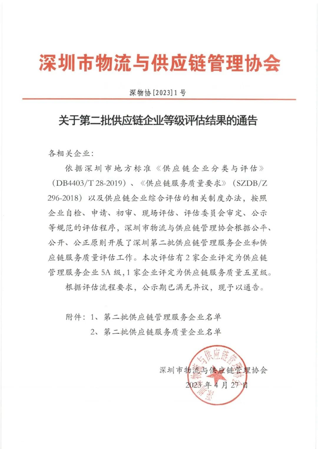 關于第二批供應鏈企業等級評估結果的通告